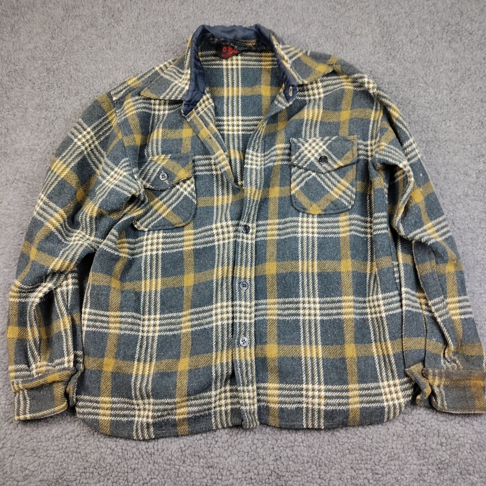 VTG CPO Wool Shirt Jacket Mens Large Plaid Grey Yellow Button Up